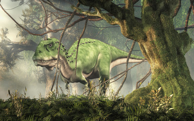 Aufkleber - Majungasaurus was a carnivorous theropod dinosaur that lived in Cretaceous era Madagascar. Here a green one is depicted in a jungle. 3D Rendering 