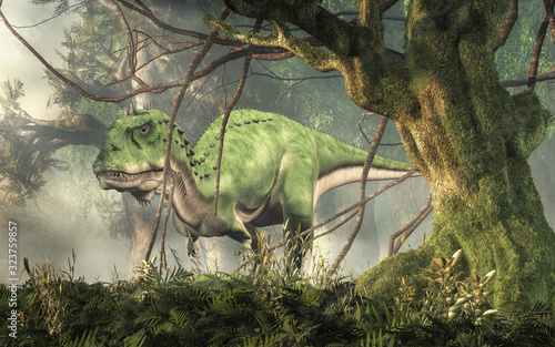 Obraz w ramie Majungasaurus was a carnivorous theropod dinosaur that lived in Cretaceous era Madagascar. Here a green one is depicted in a jungle. 3D Rendering 