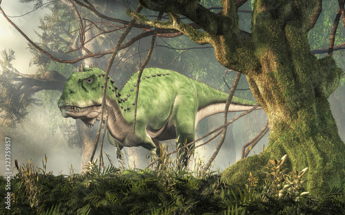 Naklejka - mata magnetyczna na lodówkę Majungasaurus was a carnivorous theropod dinosaur that lived in Cretaceous era Madagascar. Here a green one is depicted in a jungle. 3D Rendering 