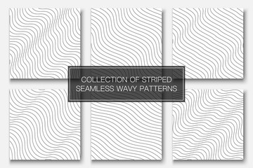 Set of vector simple seamless outline patterns. Striped endless wave texture. White repeatable minimalistic backgrounds with black wavy lines