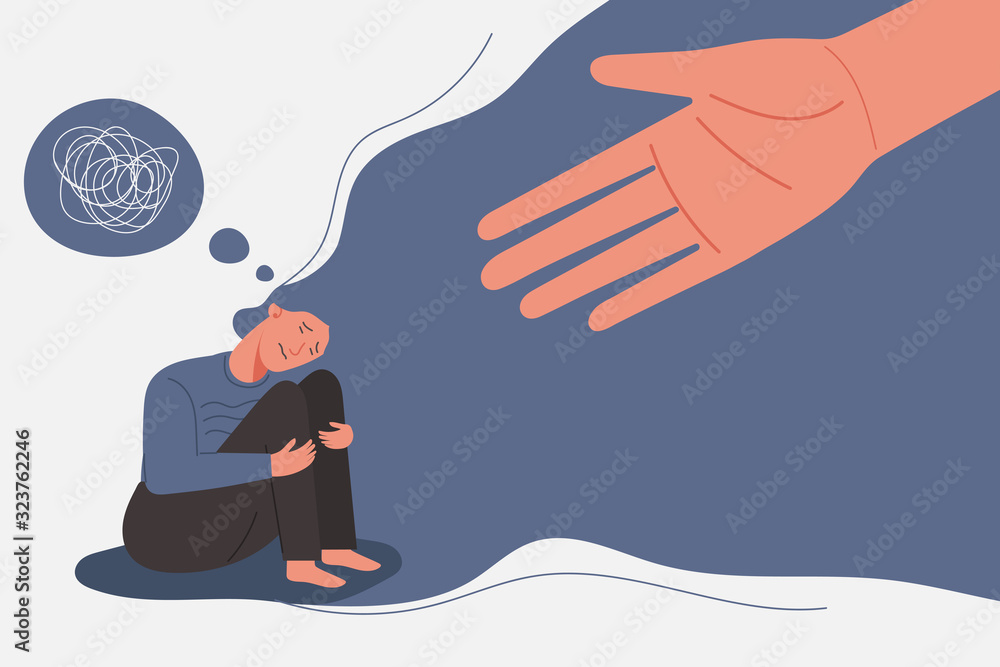 human helps sad and unhappy young woman in depression sitting on her knees, lonely girl with confused on her mind, sorrow, mental health concept, cartoon female character vector flat illustration - obrazy, fototapety, plakaty 