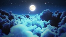 Flying Over The Night Timelapse Clouds With Moon Light Seamless. Looped 3d Animation Of Flight Through The Midnight Cloudscape With Twinkling Stars In Sky. 4k Ultra HD 3840x2160.