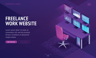 Freelance work website isometric landing page. Workplace with computer table, armchair and many pc monitors. Service for remote distant employees freelancers Cartoon vector Illustration web banner