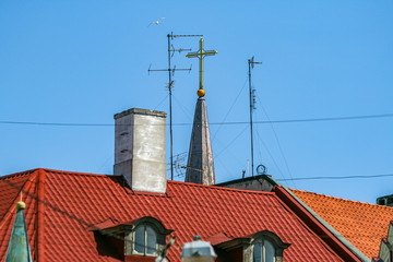 Wall Mural - Riga, May, 2008, Church cross over rooftops with a bird in the sky