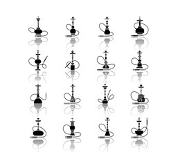 Wall Mural - Hookah drop shadow black glyph icons set. Sheesha bar. Hooka accessories. Smoke area. Vapor, vaping. Tobacco option. Arabic lounge object. Isolated vector illustrations on white space