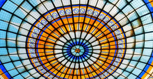 Stained Glass Dome Ceiling. Sanctuary Church Ceiling Dome With Soft Lighting.