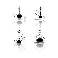 Wall Mural - Hookah drop shadow black glyph icons set. Amusement with friends. Sheesha house. Nargile lounge. Odor from pipe. Scent of vaporizing. Smoking area. Isolated vector illustrations on white space