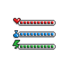 Pixel Art 8 Bit Retro Styled Game Design Interface Set - Red Health Indicator With Heart, Blue Mana Label With Potion And Green Energy Loading Bar - Isolated Items