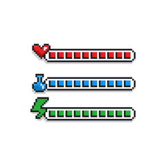 Wall Mural - Pixel art 8 bit retro styled game design interface set - red health indicator with heart, blue mana label with potion and green energy loading bar - isolated items