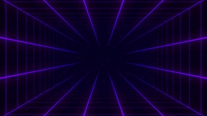 Digital Synthwave wireframe net corridor animation with starred background. 80s Retro futurism. Retro wave cyber grid tunnel. Bright Neon laser lights motion. 3D Render. Seamless Loop intro VJ footage
