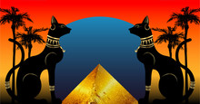 Egyptian Cats And Antique Pyramid. Bastet, Ancient Egypt Goddess And Palms, Statue Profile With Pharaonic Gold Jewelry. Egypt Pyramid Landmark Concept, Cairo City, Vector Illustration 