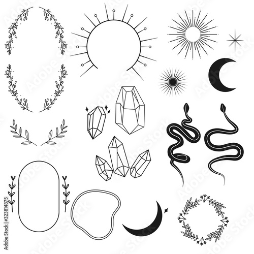 Set Of Elements For Logo Minimal Black And White Floral Frames Sun Moon Star Crystals Snakes Templates For Logo Tattoo Minimal Design Elements Stock Vector Adobe Stock Set Of Elements For Logo Minimal Black And White Floral Frames Sun Moon Star Crystals Snakes Templates For Logo Tattoo Minimal Design Elements Stock Vector Adobe Stock