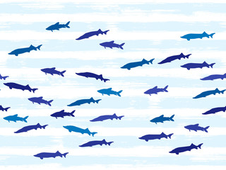 Wall Mural - Blue school of fish swimming seamless print.