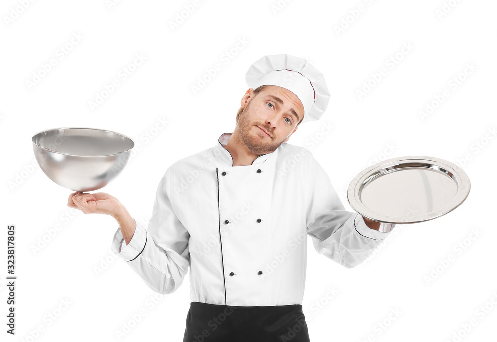 Helpless male chef with tray and cloche on white background