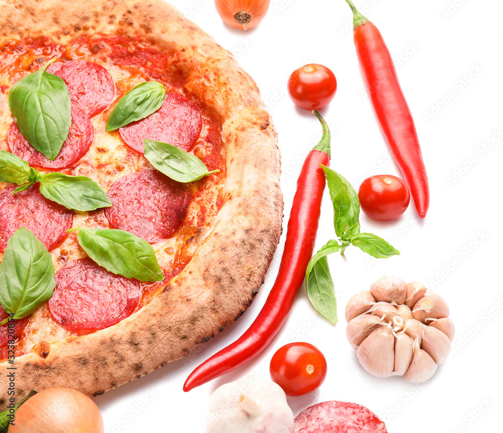 Tasty pizza with ingredients on white background