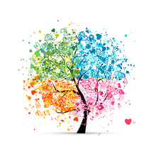 Four Seasons - Spring, Summer, Autumn, Winter. Art Tree Made From Hearts For Your Design