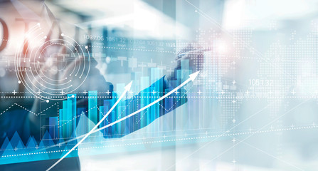Leinwandbilder - Hand of businessman drawing graphs growth of business, planning and strategy on modern virtual interface screen.