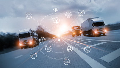 Poster - Transportation and Logistics, Truck on motorway and industrial container cargo with icon of network distribution on blue background.
