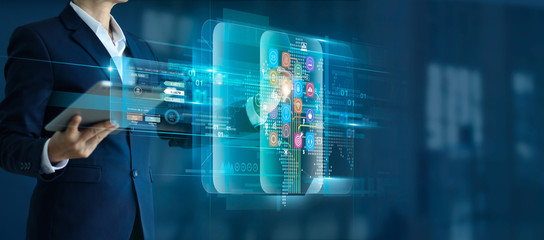 Leinwandbilder - Businessman holding tablet with touching icon digital marketing  global network conncetion and analyzing business sales data, investment and financial, growth graph, on virtual interface background.