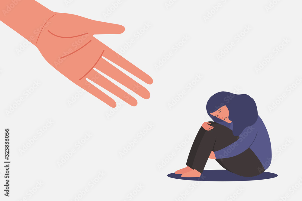 human hand helps sad and unhappy young woman in depression sitting, lonely girl hugging knees, sorrow, mental health concept, cartoon female character vector flat illustration - obrazy, fototapety, plakaty 