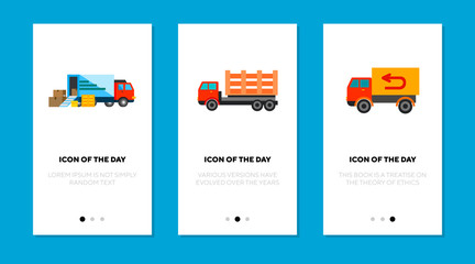 Poster - Cargo carriage flat icon set. Freight, traffic, truck isolated vector sign pack. Delivery and transportation concept. Vector illustration symbol elements for web design and apps