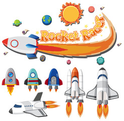 Wall Mural - Set of spaceship and rocket racer on white background