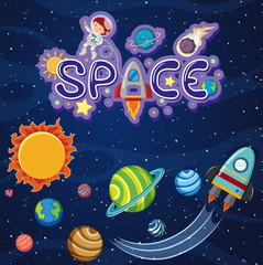 Wall Mural - Background theme of space with spaceship and solar system