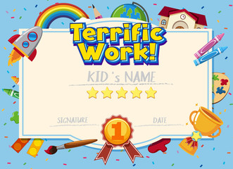 Wall Mural - Certificate template for terrific work with school and equipments in background