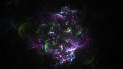 Wall Mural - Abstract green and violet glowing shapes. Fantasy light background. Digital fractal art. 3d rendering.