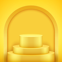 Wall Mural - Presentation circle podium with arch ant three level. Yellow color. Editable Background Vector illustration.