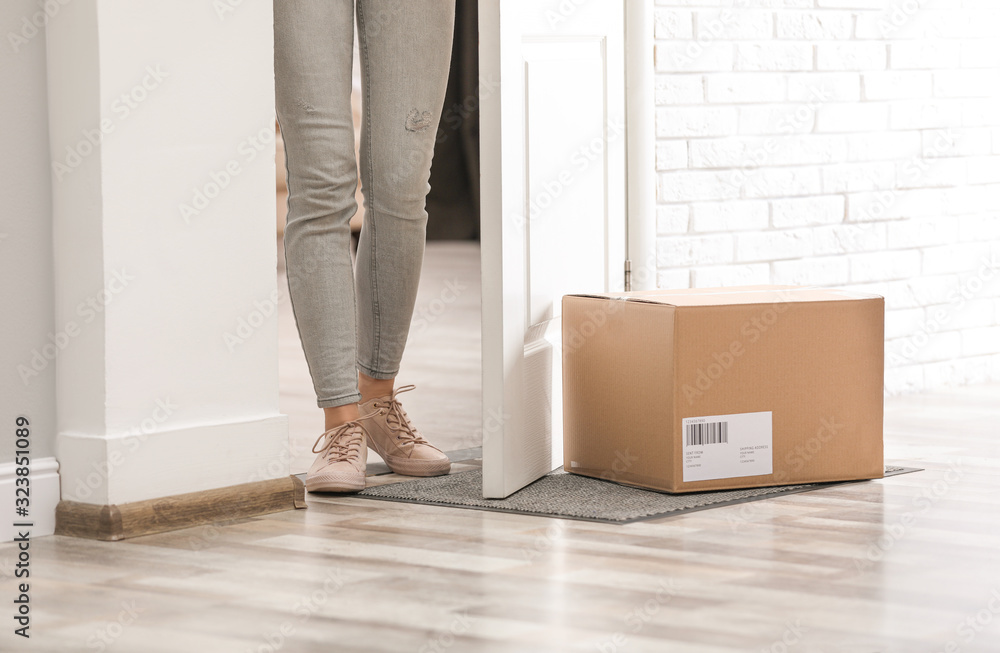 Woman in doorway and parcel on rug, closeup. Delivery service - obrazy, fototapety, plakaty 