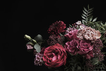 Beautiful Bouquet Of Different Flowers On Black Background. Floral Card Design With Dark Vintage Effect