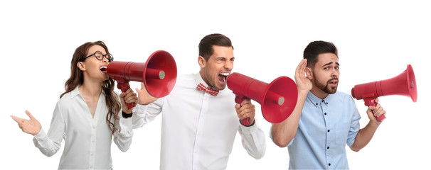 Wall Mural - Collage of people with megaphones on white background