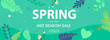 Spring & Mid Season Sale Header or Banner Design with Flowers and Leaves Decorated on Green Background.