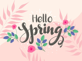 Sticker - Hello Spring Font with Rose Flowers and Leaves on Peach Pink Background.