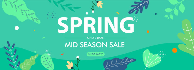 Wall Mural - Spring & Mid Season Sale Header or Banner Design with Flowers and Leaves Decorated on Green Background.