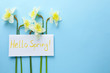 Card with words HELLO SPRING and fresh flowers on light blue background, flat lay. Space for text