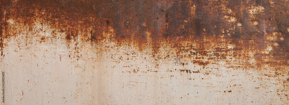 Peeling paint on the rust wall. Empty for design, pattern, cover, overlay texture, background and other, Surface of old steel background. - obrazy, fototapety, plakaty 