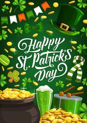 Happy Saint Patrick Day, luck shamrock and leprechaun gold coins in cauldron pot poster. Vector St Patrick Day Irish holiday party, green beer, shamrock cookie and leprechaun hat with scarf