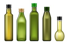 Oil Bottle 3d Vector Templates Of Food Or Cooking Ingredients Design. Olive, Sunflower And Corn Vegetable Oil In Green Glass Bottles With Metal Screw Caps, Advertising Themes