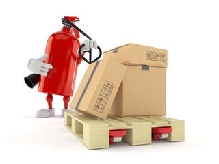 Poster - Fire extinguisher character with hand pallet truck with cardboard boxes