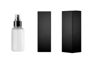 Mock up for design of packing cosmetics product - small transparent spray bottle, white label and black paper boxes of different sides, isolated.