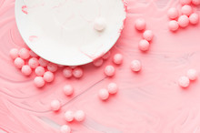 Gentle Pink, White Peas, Circle And Liquid Paint With Stripes Of Brush Strokes As Abstract Painted Background, Texture.