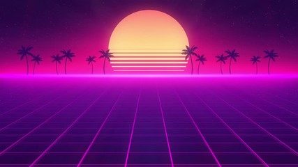 Poster - Camera moves along the synthwave wireframe net. Palm trees silhouettes on sunny beach. 80s style, Retro Futurism Background. Intro. 3D Render. Retro wave horizon landscape, neon lights. Seamless loop