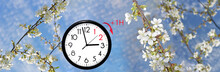 Daylight Saving Time (DST). Blue Sky With White Clouds And Clock. Turn Time Forward ( 1h).