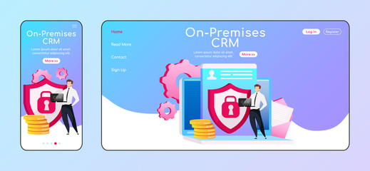 Wall Mural - On premises CRM adaptive landing page flat color vector template. Smiling male keeps laptop mobile and PC homepage layout. Local host one page website UI. Info security webpage cross platform design