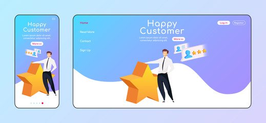 Wall Mural - happy customer adaptive landing page flat color vector template. smiling man with star mobile and pc