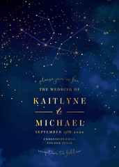 Wall Mural - magic night dark blue sky with sparkling stars vector wedding invitation