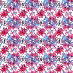 Wall Mural - seamless watercolor pattern with painted pink-blue flowers on a light background