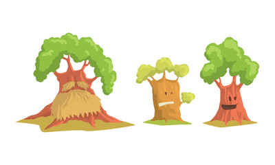 Sticker - Trees Cartoon Characters Collection, Plant Trees with Funny Faces Showing Various Emotions Vector Illustration